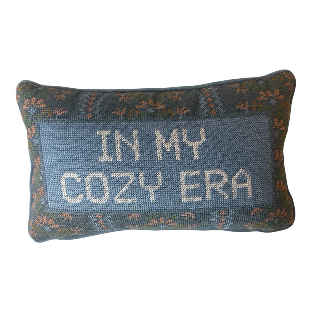 Furbish Studio "In My Cozy Era" Needlepoint Decorative Accent Pillow Blue